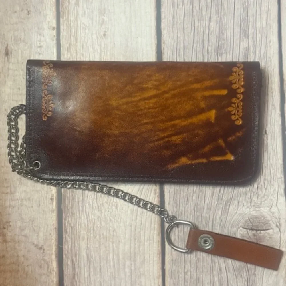 Vintage Tooled Leather Trucker Wallet w/ Chain – Brown – NEW Old Stock